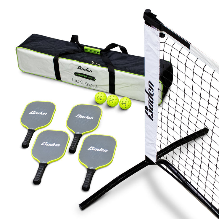 Champions Portable Pickleball Set -4 Paddles -3 Balls -Full Size Adjustable Net - Pitch Machine Pros