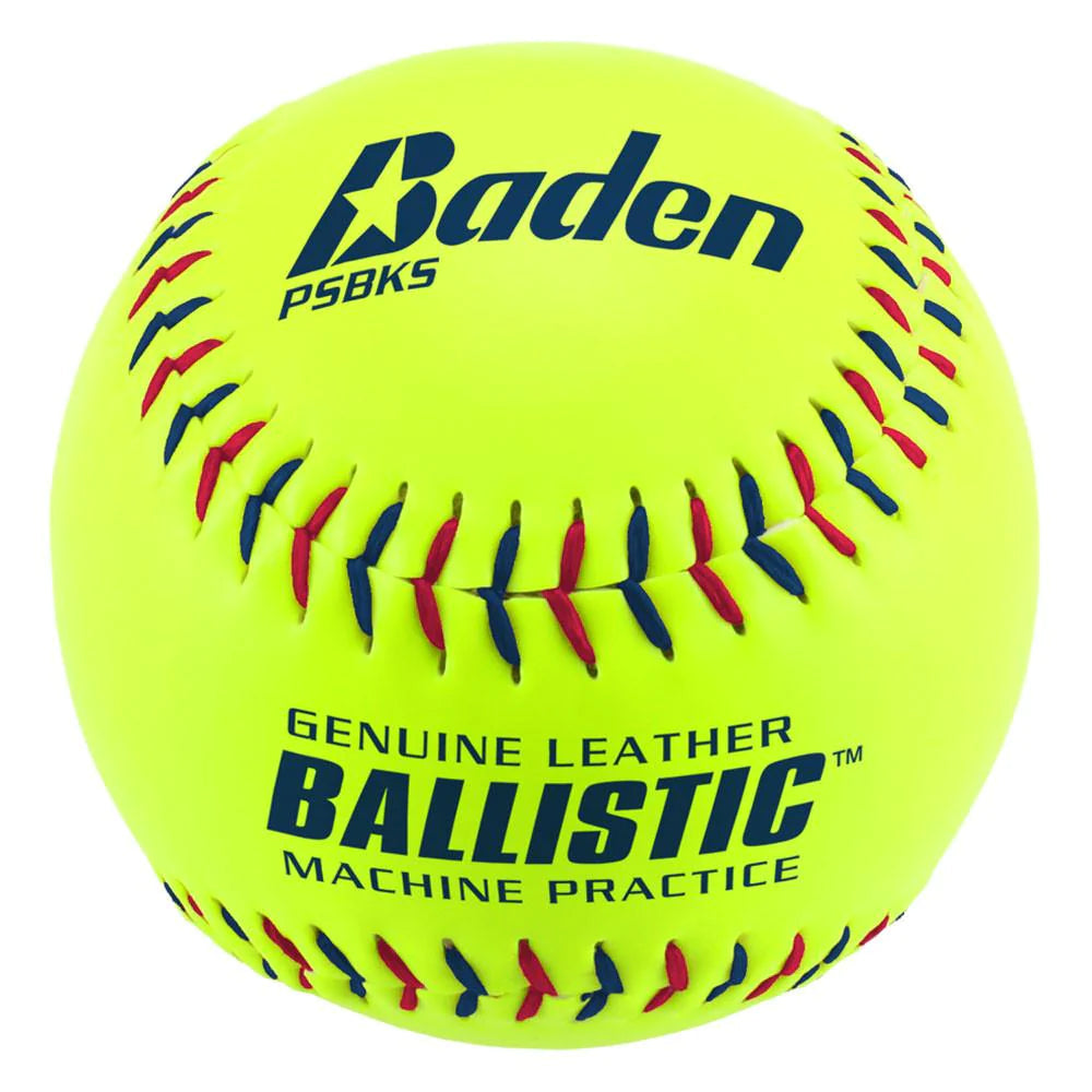 Baden Ballastic 12&quot; Seamed Pitching Machine Softballs - 1 Dozen Flat Reinforced Kevlar Seams- Optic Yellow Leather Cover - Black and Red Seams - Pitch Machine Pros