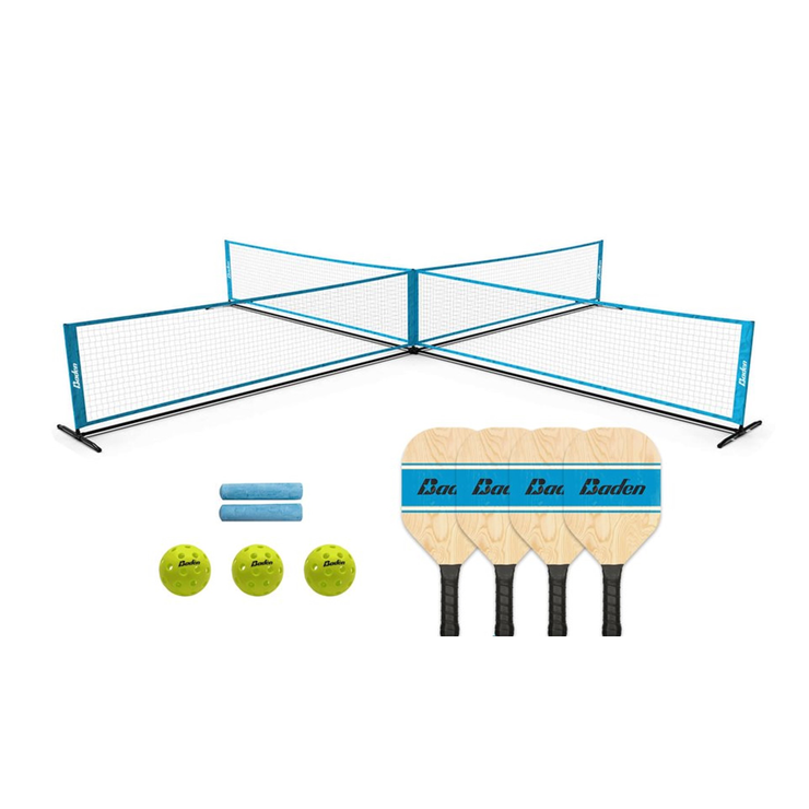 4 Square Pickleball Set -4 Wooden Paddles -3 Balls -Full Size Net - Pitch Machine Pros